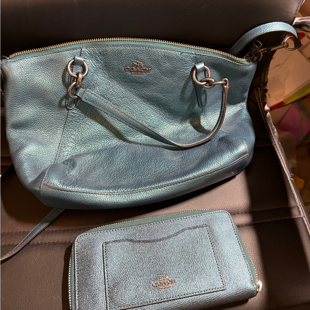 Coach F23538 Small Kelsey Satchel Metallic Dark Teal with matching wallet